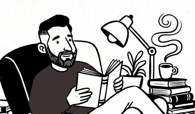 Illustration of Tom Tate reading in an armchair beside a lamp and a cup of coffee